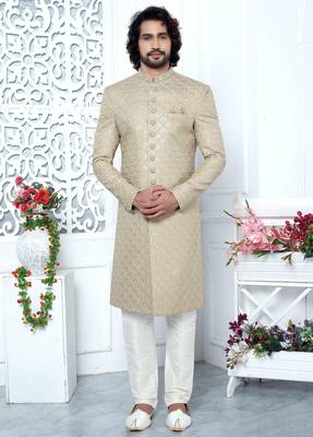 beige computer thread work on art silk sherwani for men  1