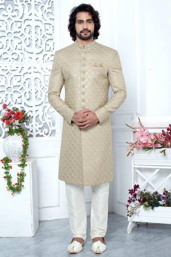 beige computer thread work on art silk sherwani for men 