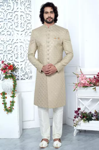 beige computer thread work on art silk sherwani for men 