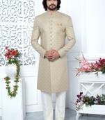 beige computer thread work on art silk sherwani for men 