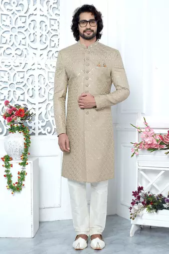 beige computer thread work on art silk sherwani for men 