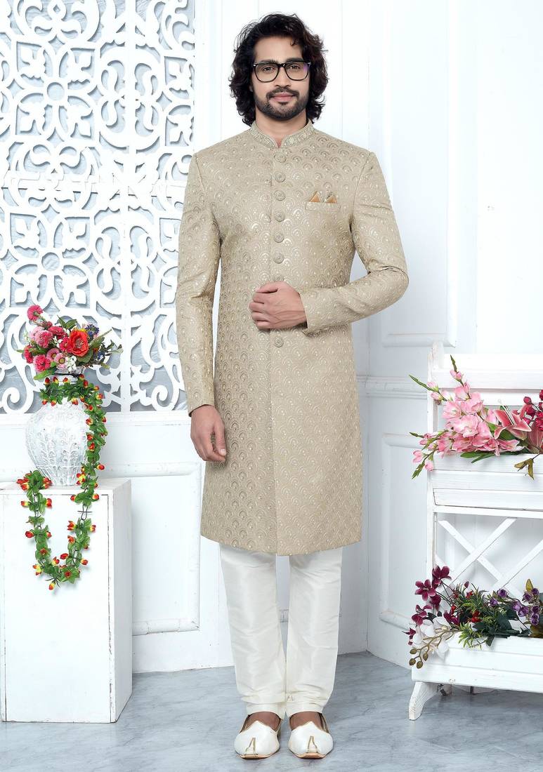 beige computer thread work on art silk sherwani for men 