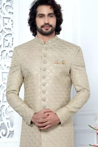 beige computer thread work on art silk sherwani for men 