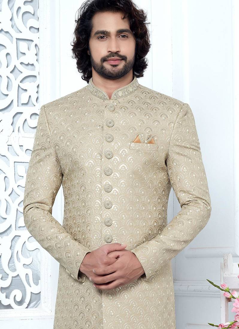 beige computer thread work on art silk sherwani for men 