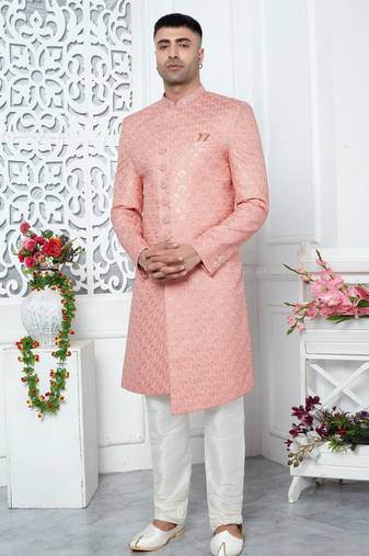 peach computer thread work on art silk sherwani for men 