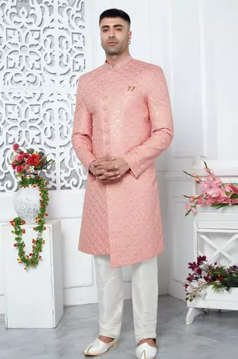 peach computer thread work on art silk sherwani for men 