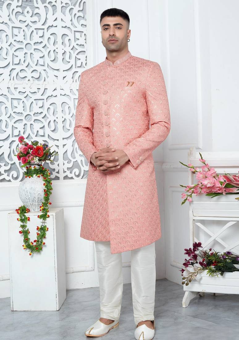 peach computer thread work on art silk sherwani for men 