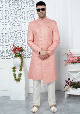 peach computer thread work on art silk sherwani for men  2