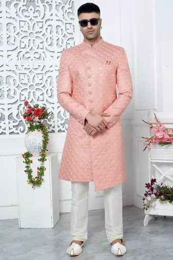 peach computer thread work on art silk sherwani for men 