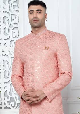 peach computer thread work on art silk sherwani for men  3