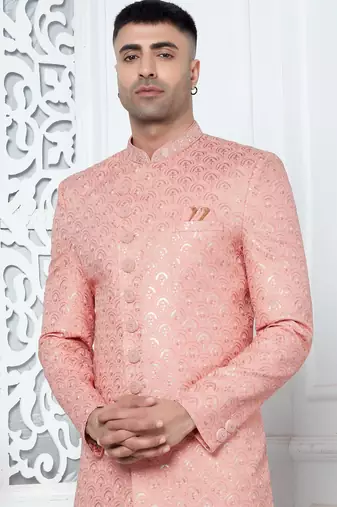 peach computer thread work on art silk sherwani for men 