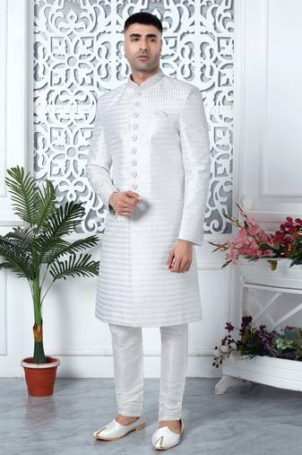off whie computer thread work on art silk sherwani for men 