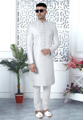 off whie computer thread work on art silk sherwani for men  2