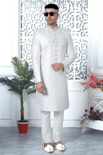 off whie computer thread work on art silk sherwani for men 