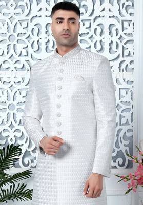 off whie computer thread work on art silk sherwani for men  3