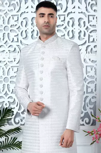 off whie computer thread work on art silk sherwani for men 