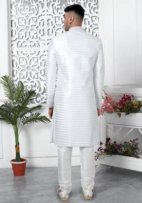 off whie computer thread work on art silk sherwani for men  4