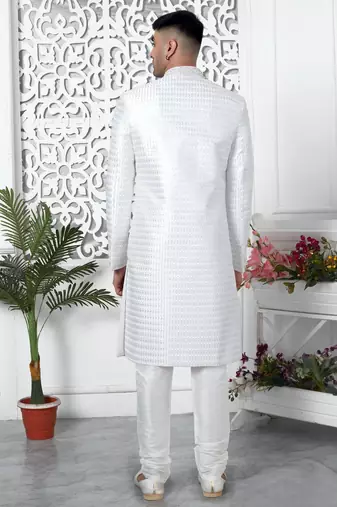 off whie computer thread work on art silk sherwani for men 