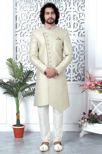 cream computer thread work on art silk sherwani for men 