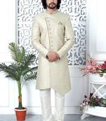 cream computer thread work on art silk sherwani for men 
