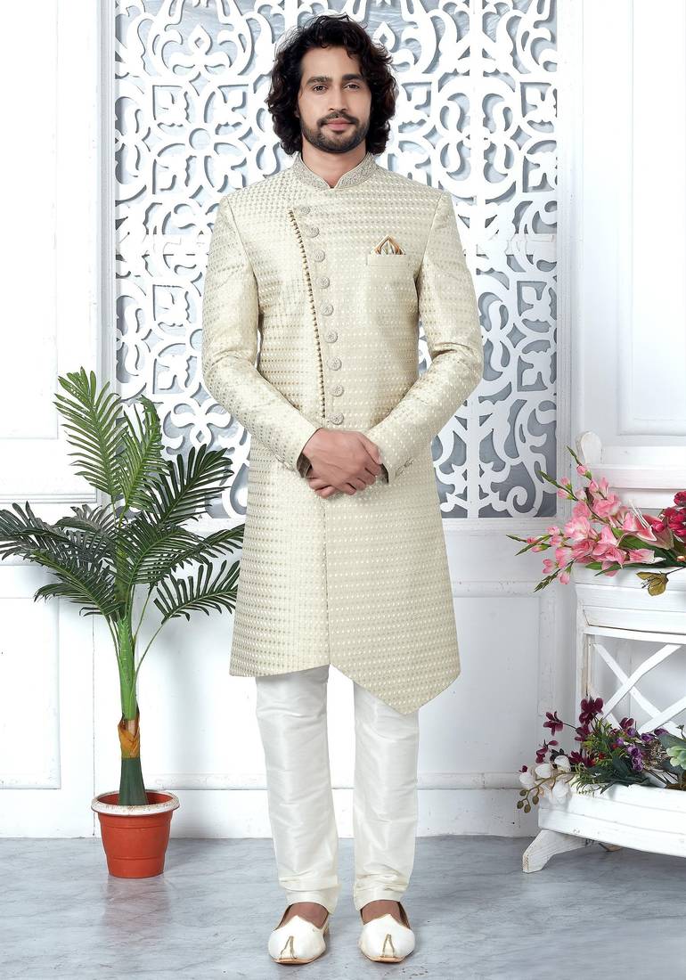 cream computer thread work on art silk sherwani for men 
