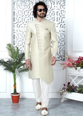 cream computer thread work on art silk sherwani for men  2