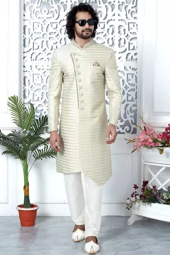 cream computer thread work on art silk sherwani for men 