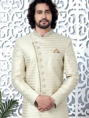 cream computer thread work on art silk sherwani for men  3