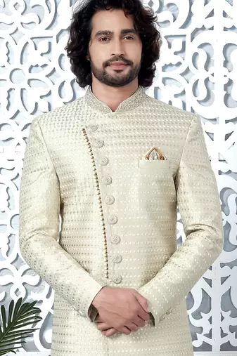 cream computer thread work on art silk sherwani for men 