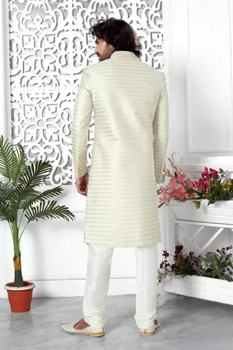 cream computer thread work on art silk sherwani for men 
