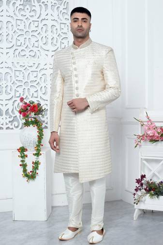 cream computer thread work on art silk sherwani for men 