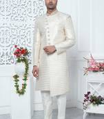 cream computer thread work on art silk sherwani for men 