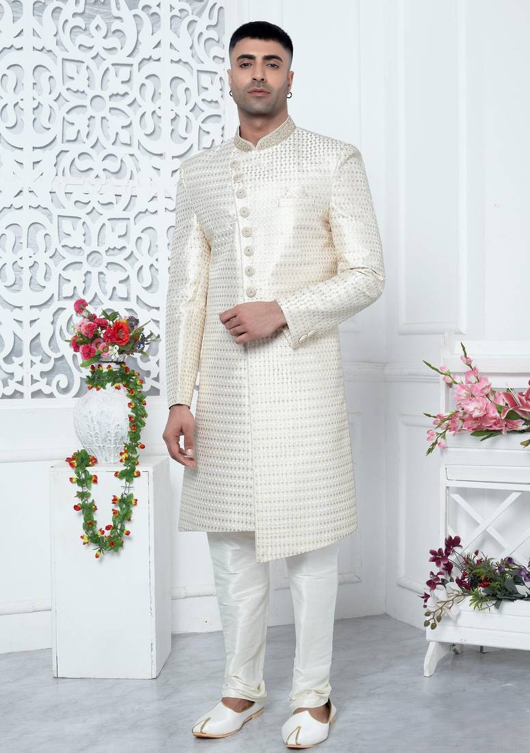 cream computer thread work on art silk sherwani for men 