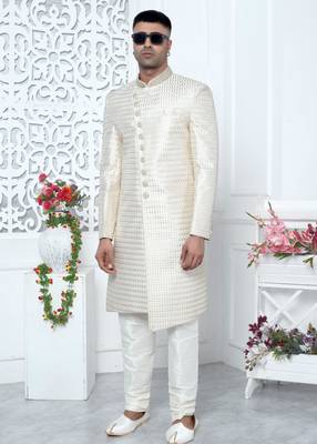 cream computer thread work on art silk sherwani for men  2