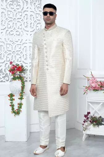 cream computer thread work on art silk sherwani for men 