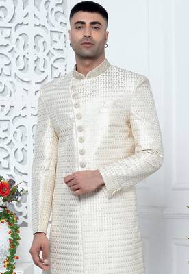 cream computer thread work on art silk sherwani for men  3