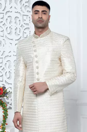 cream computer thread work on art silk sherwani for men 