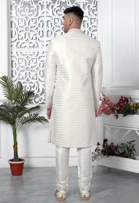 cream computer thread work on art silk sherwani for men  4