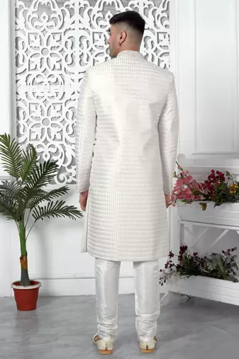 cream computer thread work on art silk sherwani for men 