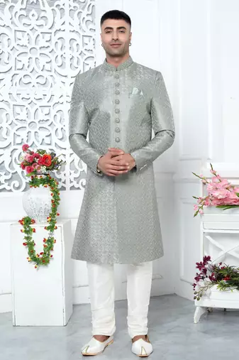 pista green computer thread work on art silk sherwani for men 