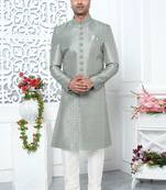 pista green computer thread work on art silk sherwani for men 