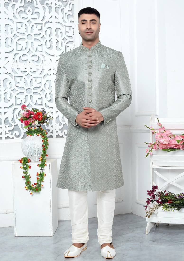 pista green computer thread work on art silk sherwani for men 