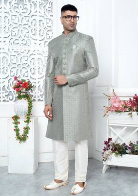 pista green computer thread work on art silk sherwani for men  2