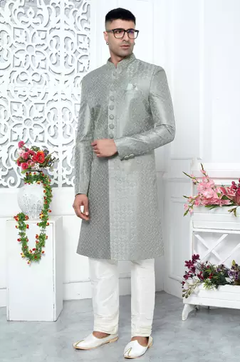 pista green computer thread work on art silk sherwani for men 