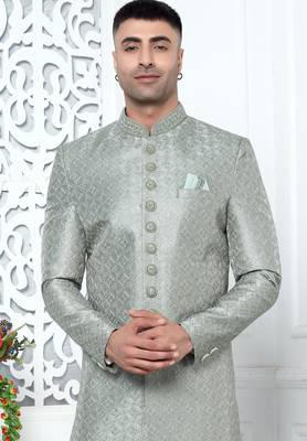 pista green computer thread work on art silk sherwani for men  3