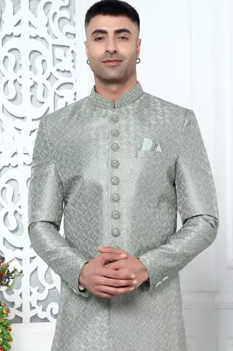 pista green computer thread work on art silk sherwani for men 