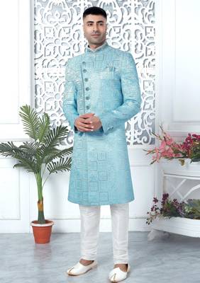 blue computer thread work on art silk sherwani for men  1