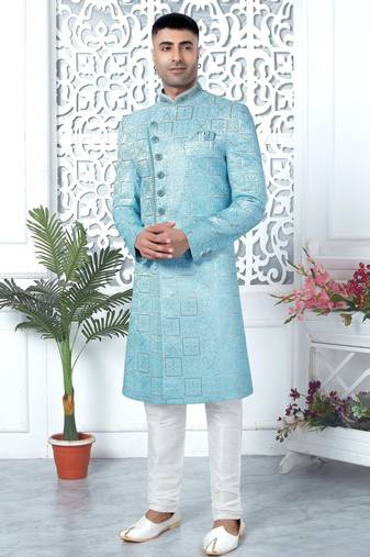 blue computer thread work on art silk sherwani for men 