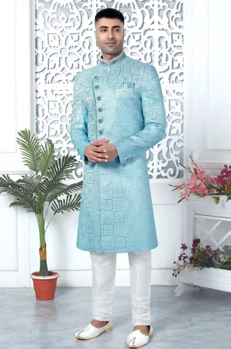 blue computer thread work on art silk sherwani for men 
