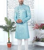 blue computer thread work on art silk sherwani for men 